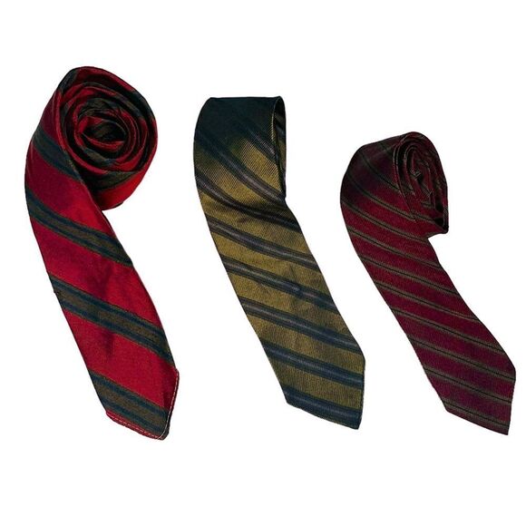 Vintage 60s Silk Reds, Greens and Golds Striped Neck ties - Picture 1 of 7